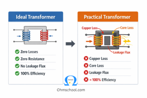 Difference Between Ideal and Practical Transformer 1 Difference between ideal and practical transformer diagram showing losses and efficiency
