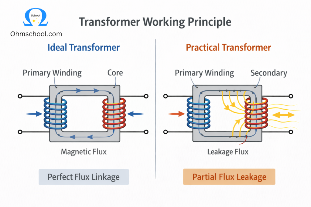 Difference Between Ideal and Practical Transformer 2 Transformer working principle ideal vs practical flux linkage diagram