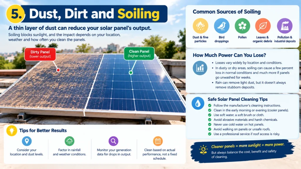 Solar Panel Output in the Real World: 7 Factors That Reduce Efficiency 4 Dust, Dirt and Soiling Guide