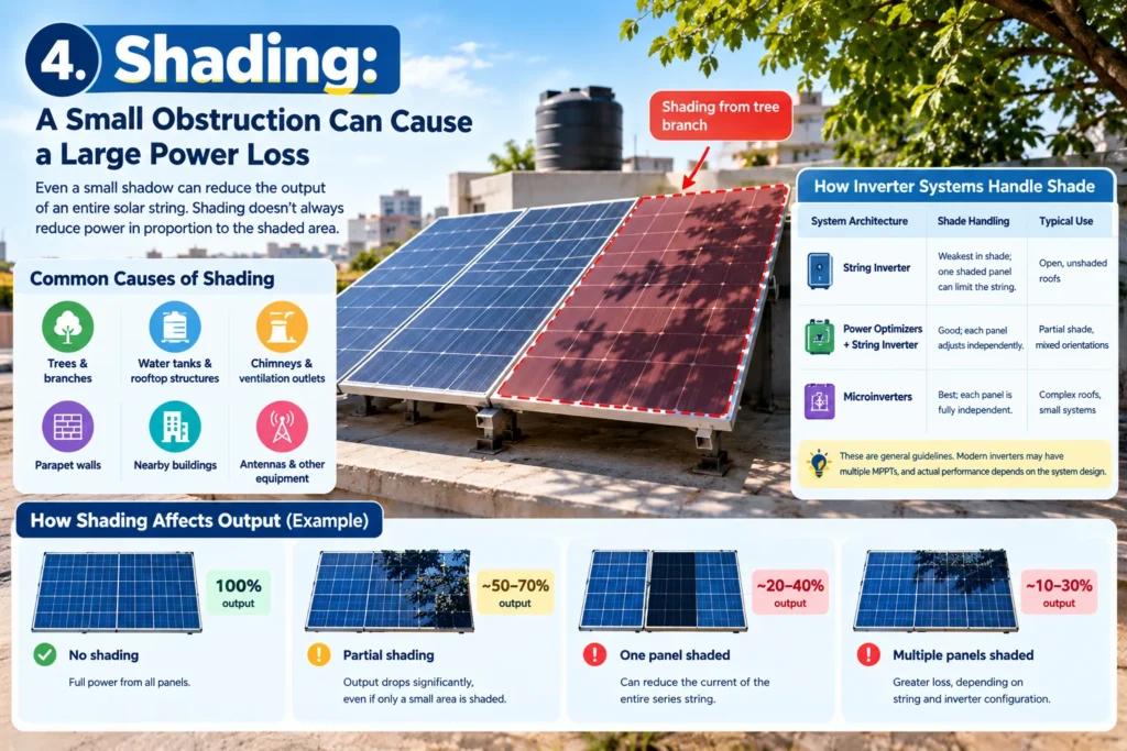 Solar Panel Output in the Real World: 7 Factors That Reduce Efficiency 3 Shading_ A Small Shadow, Big Loss