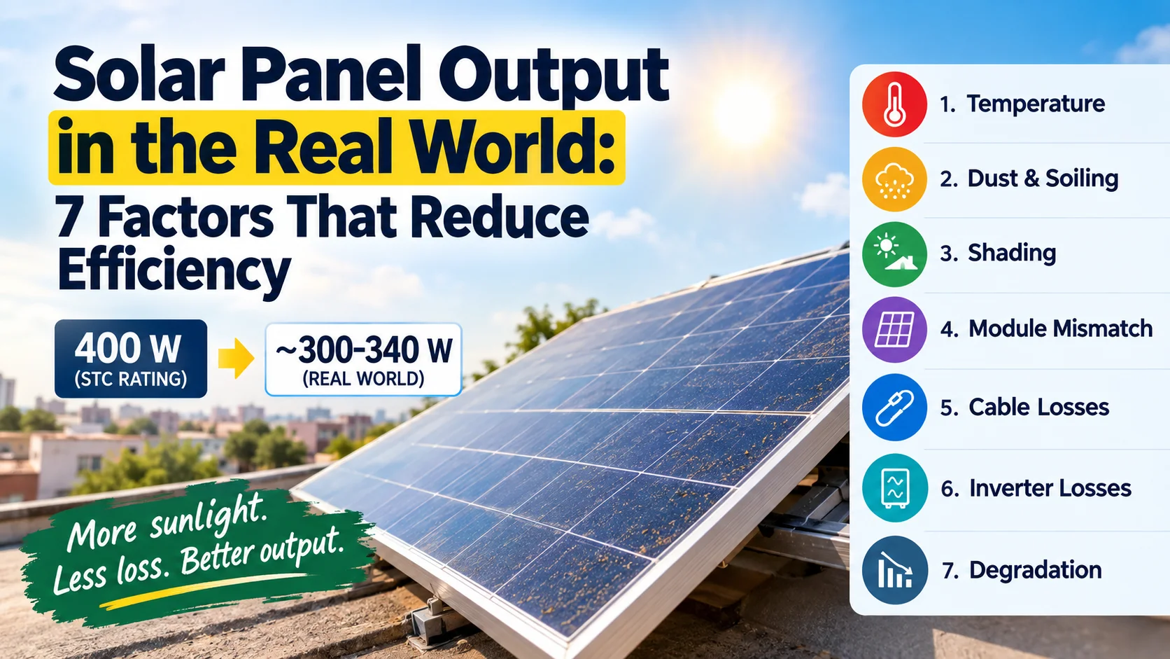 Solar Panel Output in the Real World: 7 Factors That Reduce Efficiency 1 Solar Panel Efficiency_ Seven Key Losses